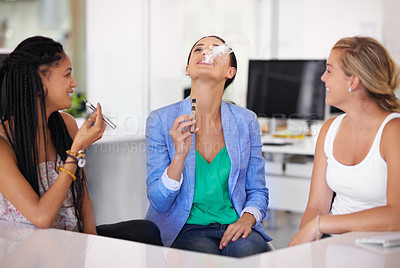 Buy stock photo Women, smoking and vaping with smile or relax, cigarette and electronic pipe in creative outfits. People, corporate and talking in group colleagues, sit and discussion for conversation on break