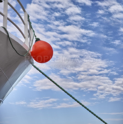 Buy stock photo Buoy, ship and travel with transportation and blue sky, nature and fresh air, vacation or journey on cruise with safety for sailing. Boat, yacht for sea voyage or adventure, luxury and life preserver