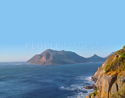 Buy stock photo Beach, drone and mountain in island, paradise and tourist destination for summer vacation in nature. Aerial, ocean and blue in sky in cape town, peace and outdoor travel of sustainable environment