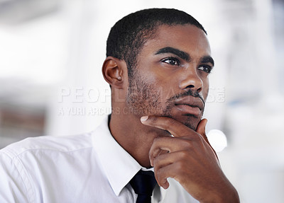 Buy stock photo Businessman, thinking and ideas for new opportunity, startup and professional in formal clothes. Black man, corporate and planning or thoughts in office environment, vision and salesman in workplace
