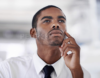 Buy stock photo Businessman, thinking and planning for vision or ideas, startup and professional in formal clothes. Black man, corporate and thoughts in office or workstation, decision and salesman in workplace