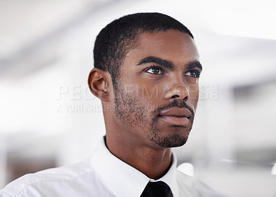 Buy stock photo Business, thinking and black man with ideas, decision and financial consultant in a workplace. African person, employee and questions with planning and problem solving with solution and opportunity