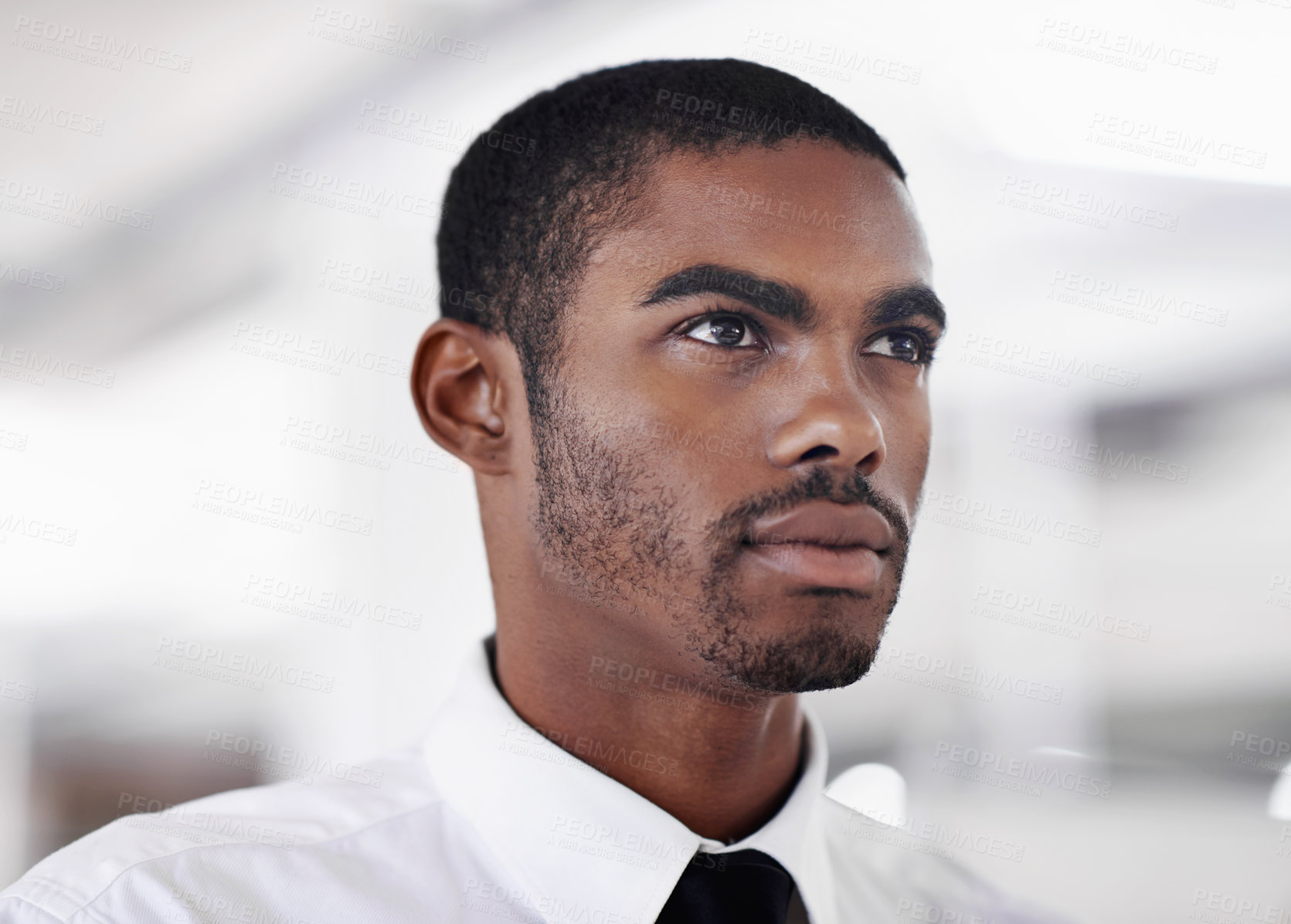 Buy stock photo Business, thinking and black man with ideas, decision and financial consultant in a workplace. African person, employee and questions with planning and problem solving with solution and opportunity