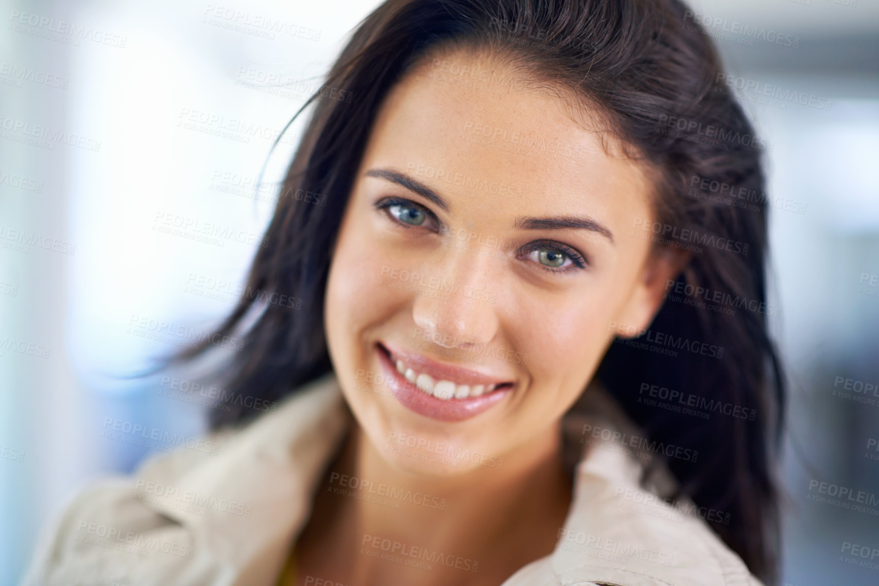 Buy stock photo Portrait, smile and woman with happiness, confident girl and excited in a living room. Face, person and cheerful lady with fashion and long hair with pride and stylish clothes with casual outfit