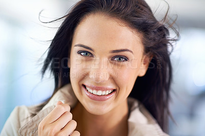 Buy stock photo Portrait, happy and business woman in office for career, job and smile of agent working in workplace. Face, professional entrepreneur and employee or young female person with wind in hair in Spain