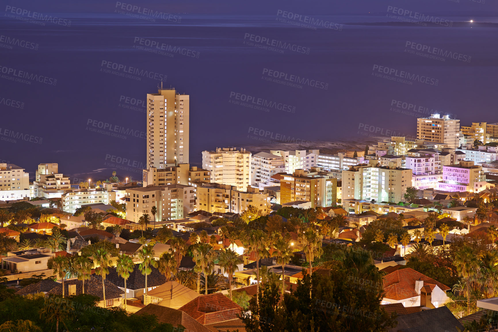Buy stock photo Night, city and buildings with travel and view, architecture and skyscraper with outdoor landscape. Property, real estate and urban development, destination or location with skyline and background