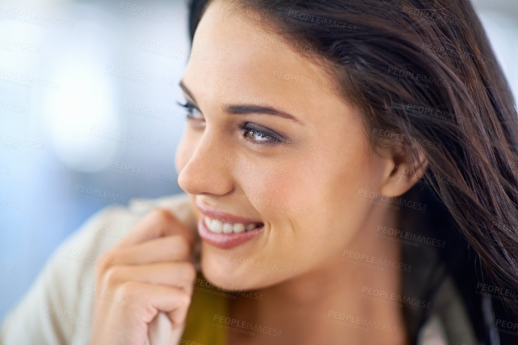 Buy stock photo Happy, thinking and woman with decision, choice and why with opportunity and planning. Person, girl and lady with problem solving and solution with project and wonder with thoughts, smile and fashion