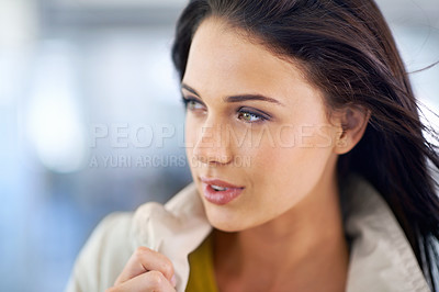 Buy stock photo Happy, thinking and woman with decision, fashion and why with opportunity and stylish clothes. Person, girl and lady with problem solving and solution with choice and wonder with thoughts and choice