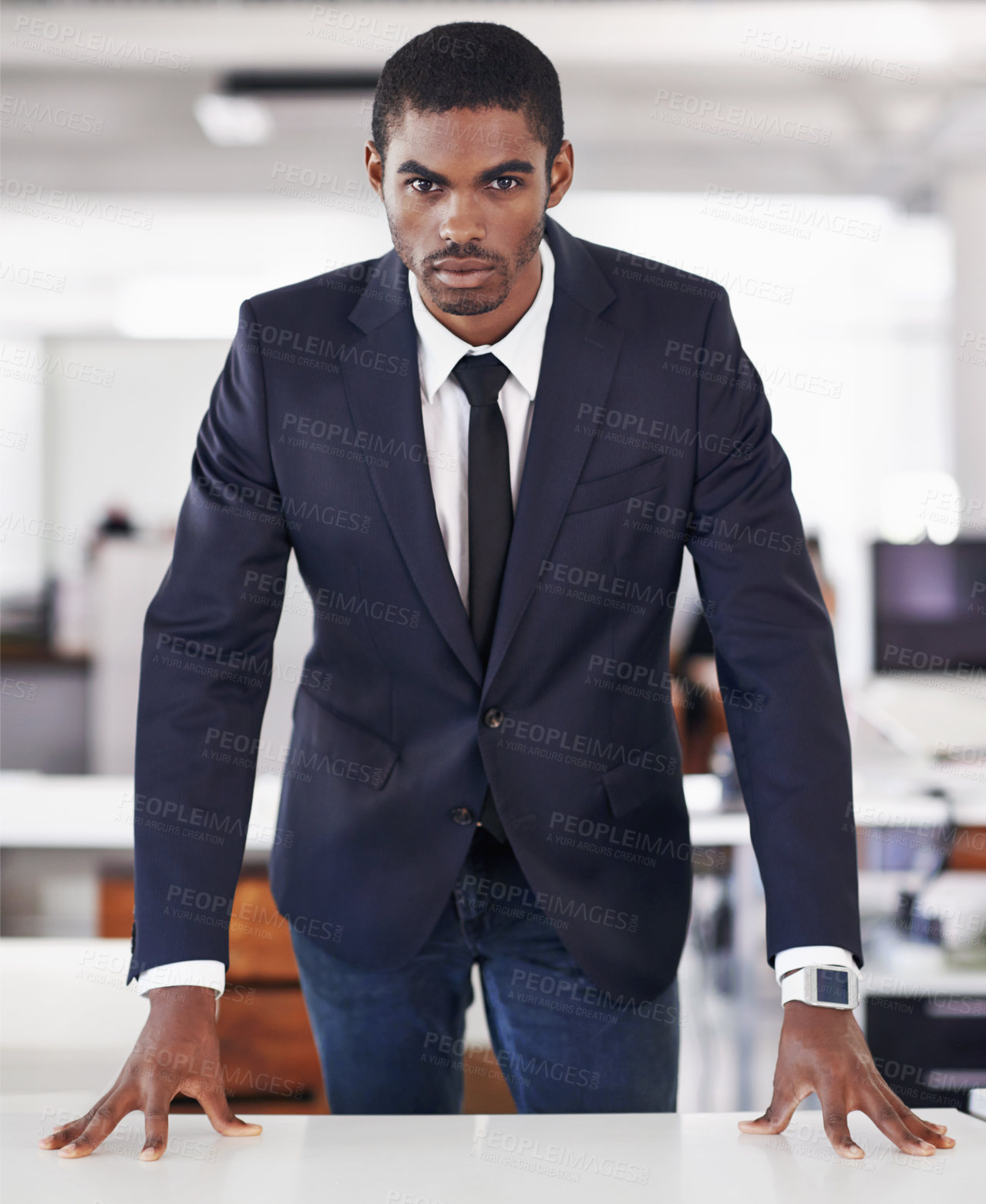Buy stock photo Portrait, businessman and confident in office on mission and assertive in corporate career in workplace. Serious face, black person or entrepreneur with ambition or satisfaction in startup company
