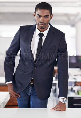 Buy stock photo Portrait, businessman and confident in office with planning and assertive in corporate career in workplace. Serious face, black person and entrepreneur with ambition and thinking in startup company