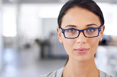 Buy stock photo Glasses, office and portrait of business woman with confidence, pride and vision for company. Professional, corporate workplace and person with frame lens for career, job opportunity and working