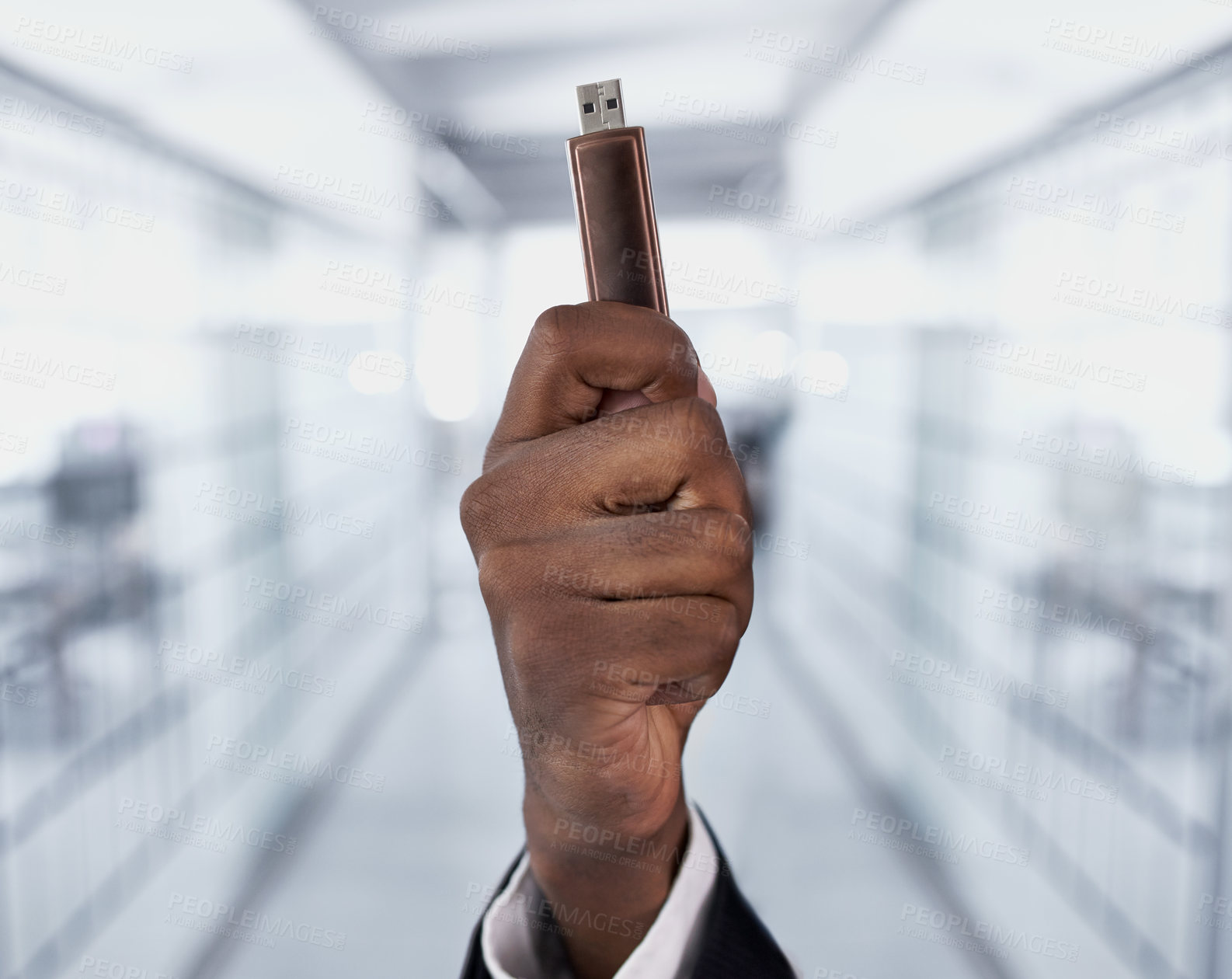 Buy stock photo Hands, person and flash drive technology for data transfer, storage or backup memory on hardware. Closeup, fingers and digital usb stick for software, information or employee with electronic pendrive