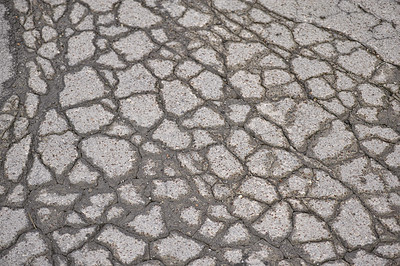 Buy stock photo Water, asphalt and road in countryside with cracks for maintenance, infrastructure and transport in winter. Tar, path and rain in erosion pattern on street with damage, ground and problem with travel