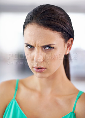 Buy stock photo Portrait, frown and angry with woman, frustrated and emotions with expression and news. Face, person and girl with reaction and defensive body language with wtf and omg with feedback and emoji