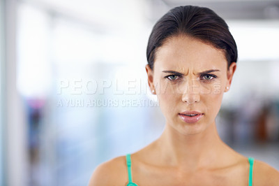 Buy stock photo Angry, frustrated and confused portrait of woman with news, announcement or information. Shocked, face and hearing about problem, mistake or fail with disgust or girl frown with serious concern