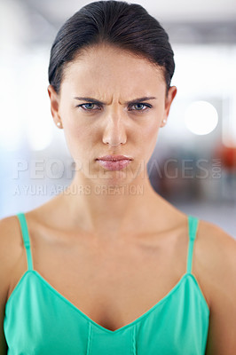 Buy stock photo Portrait, frown and angry with woman, stress and emotions with expression and frustrated. Face, person and girl with reaction and defensive body language with bad news or rage with feedback and emoji