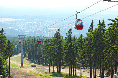 Buy stock photo Cable car over a forest in Harz, Germany