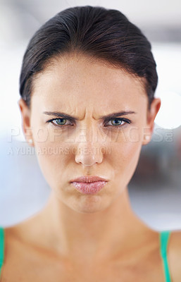 Buy stock photo Portrait, frown and angry with woman, mad and emotions with expression and stress with pout lips. Face, person and girl with reaction and defensive body language with feedback, mistake and frustrated