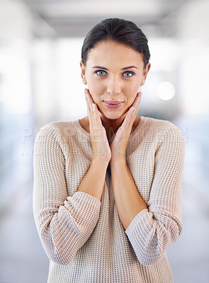 Buy stock photo Excited, woman and portrait with surprise for news, announcement or shock in office. Professional, fashion and person with wow reaction to promotion, offer or hearing information in workplace