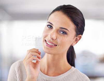 Buy stock photo Office, smile and portrait of business woman with confidence, pride and happy for company. Professional, workplace and face of person with positive attitude for career, working and job opportunity
