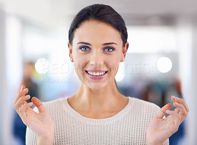 Buy stock photo Office, applause and portrait of business woman with confidence, pride and happy for company. Professional, workplace and face of person with positive attitude for career, working and job opportunity