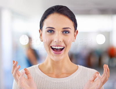 Buy stock photo Excited, woman and portrait with surprise for news, announcement or shock in office. Professional, promotion and person with reaction to winning bonus, offer or hearing information in workplace
