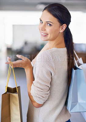 Buy stock photo Portrait, happy woman and shopping bags for fashion, sales or discount at retail store for commerce. Face, customer and smile of person with gifts at mall, boutique or back for purchase of clothes