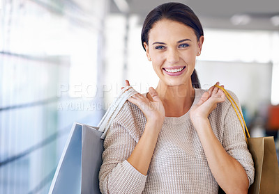 Buy stock photo Portrait, smile and woman with shopping bags for discount, sales and fashion at retail store for commerce. Face, customer and person at mall with gifts or present at boutique for deal of clothes