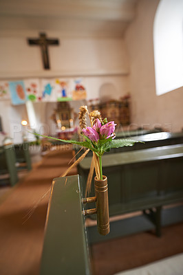 Buy stock photo A curchpew in the Danish National Church decorated during the anual harvest festival
