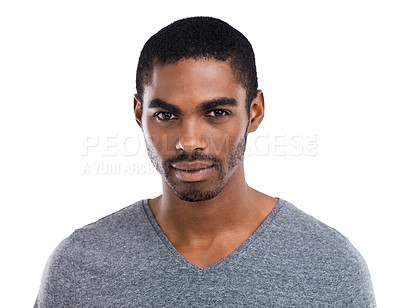Buy stock photo Portrait, confident and serious with young black man in studio isolated on white background. Face, assertive or tough and person in tshirt feeling cool, proud or strong with determined expression