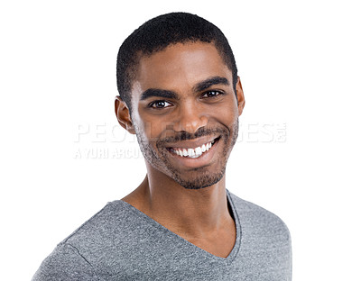 Buy stock photo Portrait, smile and satisfied with young black man in studio isolated on white background for optimism. Face, happy and excited with confident person in casual tshirt feeling carefree or cheerful 