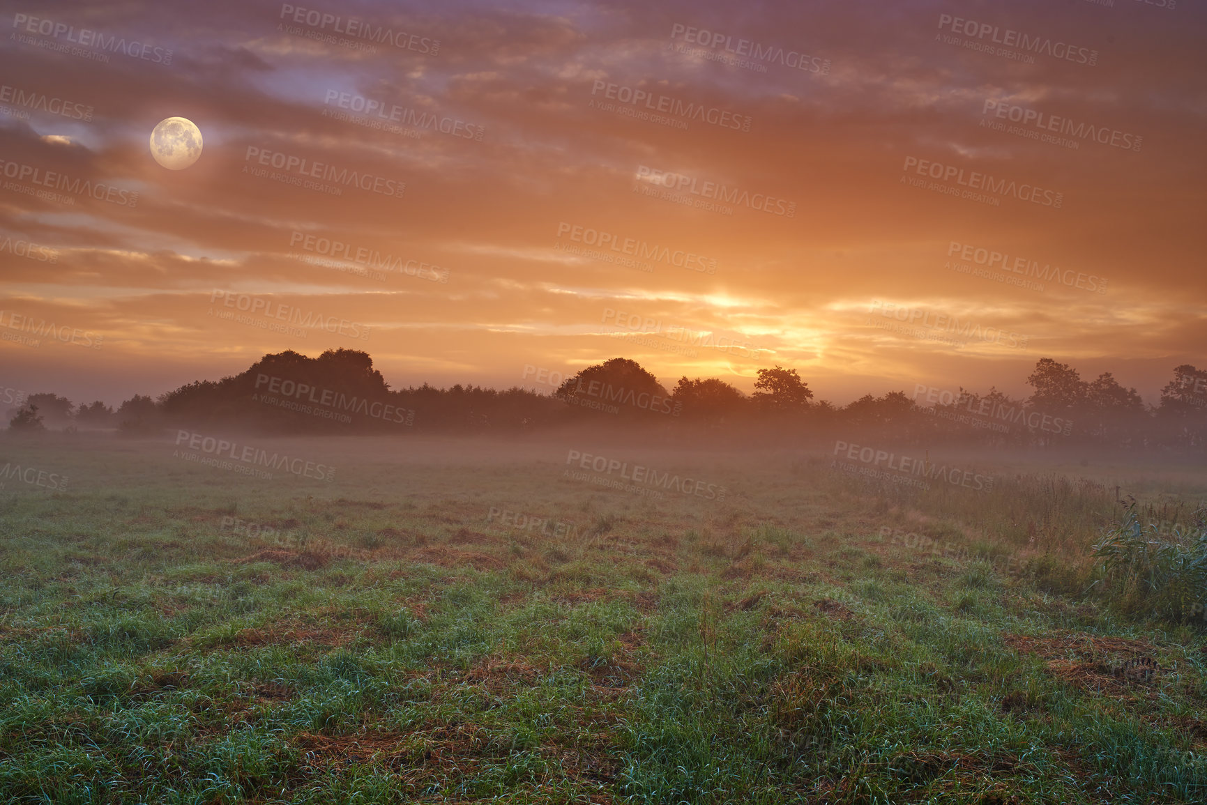 Buy stock photo Moon, landscape and drone in nature, sunset or peace in morning with countryside tranquility or sustainability. Freedom, farm or sunrise outdoor for travel, explore or adventure in Amsterdam vacation