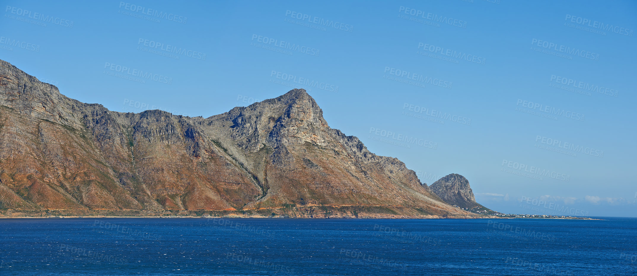 Buy stock photo Mountain, ocean and natural landscape with blue sky, summer and serene hill with island coast. Nature, tranquil cliff and sustainable environment with earth, tropical travel and calm sea in Hawaii.