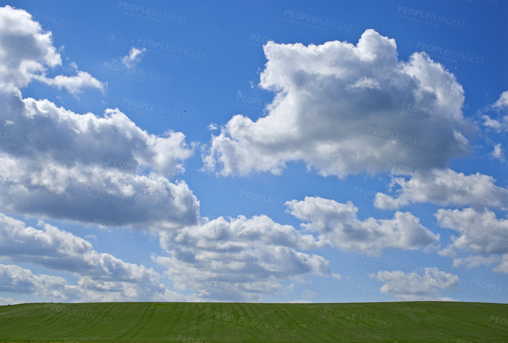 Buy stock photo Beautiful cumulonimbus clouds over a green meadow