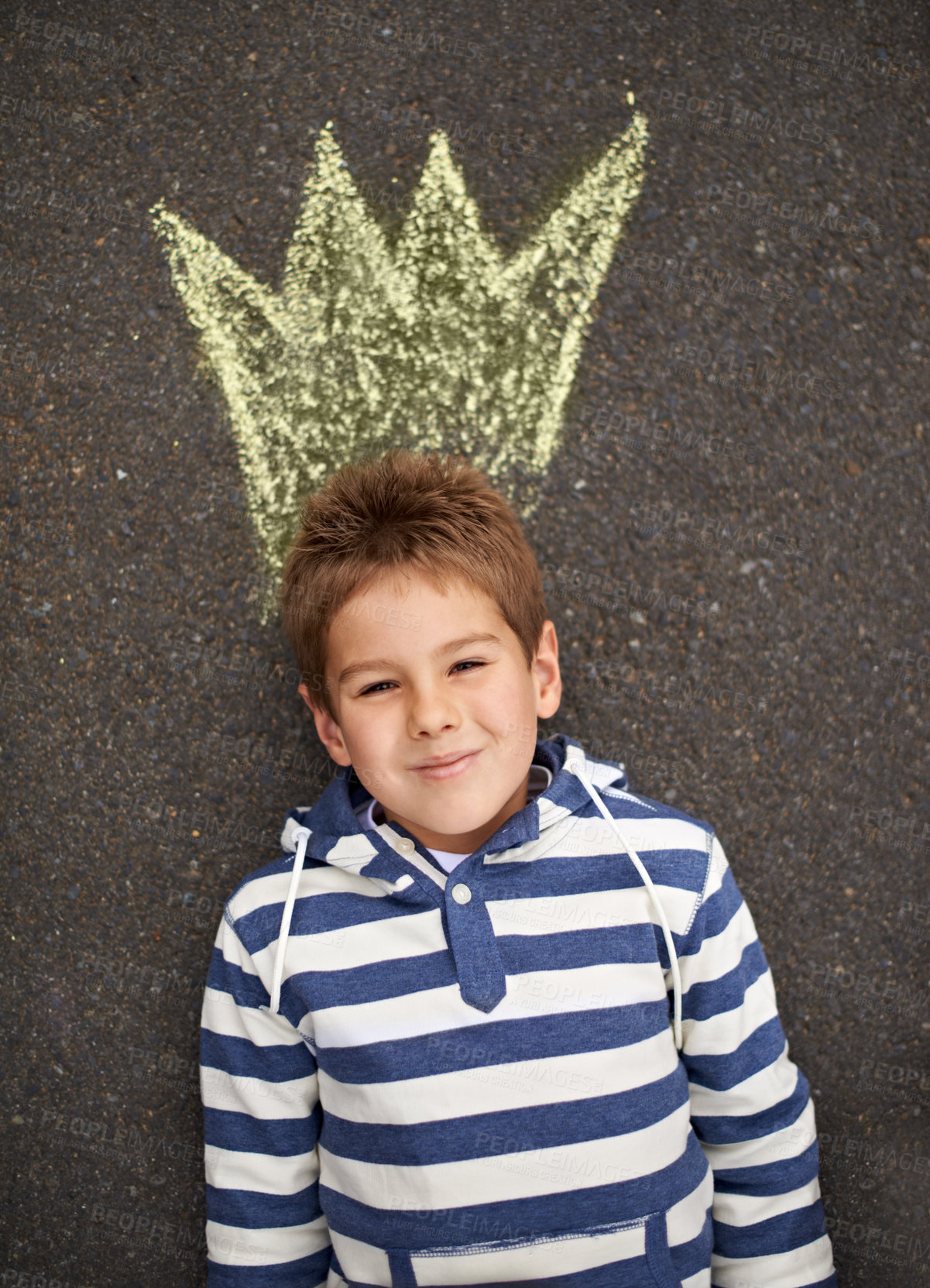 Buy stock photo Chalk art, portrait and boy with crown on floor for drawing, imagine or future fantasy on black background. King, face or boy with sketch of royalty, prince or dream for school, project or assignment