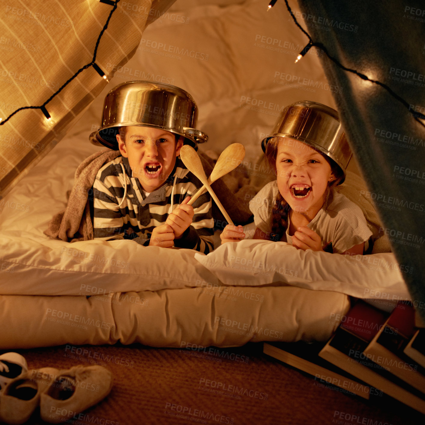 Buy stock photo Children, siblings and portrait with pot, helmet or spoon in a fort for fantasy, learning or playing at home. Happy family, face or kids on a floor with tent games, development or bonding in a house