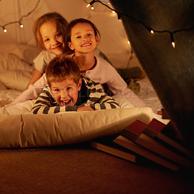 Buy stock photo Love, children and portrait of siblings in a bed with fun, support and trust while bonding at home together. Family, night and face of kids in a bedroom for evening games, playing or indoor camping