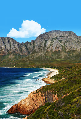 Buy stock photo Mountain, ocean and landscape with nature, waves and surf with coastline and outdoor travel destination. Cliff, Earth and water with seascape view, natural background and beach location in Cape Town