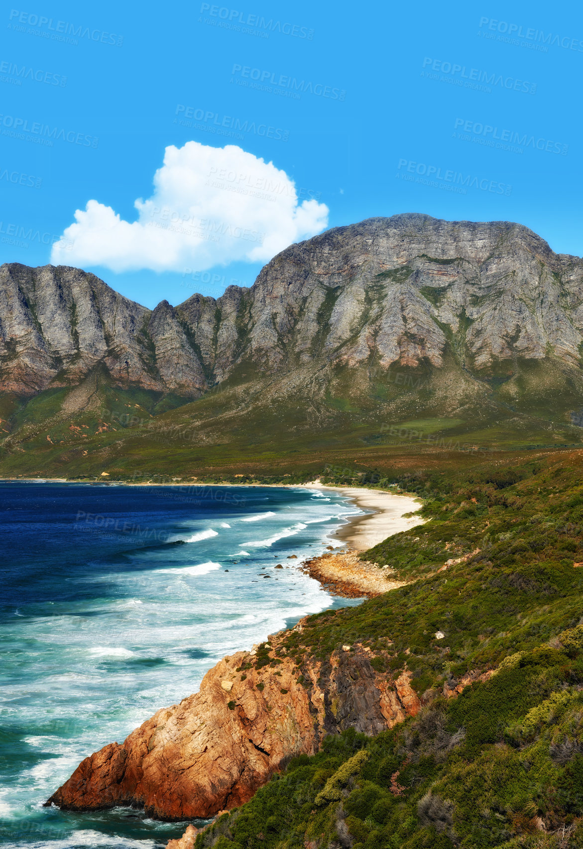 Buy stock photo Mountain, ocean and landscape with nature, waves and surf with coastline and outdoor travel destination. Cliff, Earth and water with seascape view, natural background and beach location in Cape Town