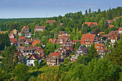 Buy stock photo Rooftop, villa and location for outdoor, location and forest in travel with historic architecture. Europe, Germany and windows for outside, real estate and tourist attraction in urban background 