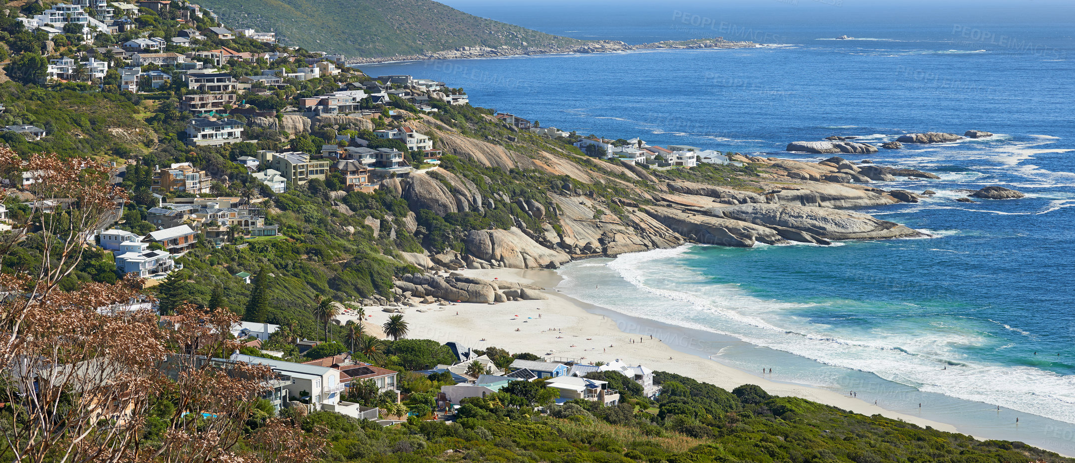 Buy stock photo Mountain, beach and aerial of city by ocean in South Africa for tourism, traveling and global destination. Landscape, background and view of sea by urban town for adventure, vacation and holiday