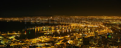 Buy stock photo High angle view of Cape Town at night