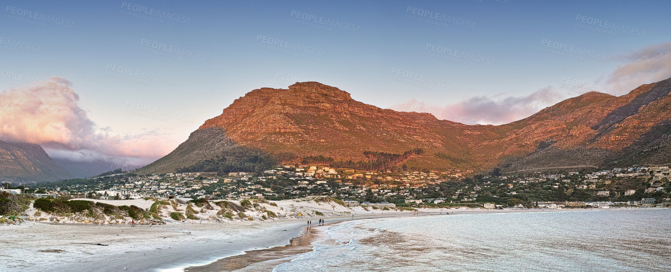 Buy stock photo Mountain, nature and city by ocean in South Africa for tourism, traveling and global destination. Landscape, background and scenic view of beach by urban town for adventure, vacation and holiday