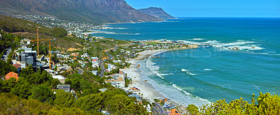 Buy stock photo Mountain, nature and city by beach in South Africa for tourism, traveling and global destination. Landscape, background and scenic view of ocean by urban town for adventure, vacation and holiday