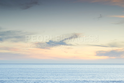 Buy stock photo Beach, sunset and sky by the ocean for travel with a seascape or tropical vacation in Australia. Nature, island and sea water waves in the evening for an outdoor paradise holiday or weekend trip.