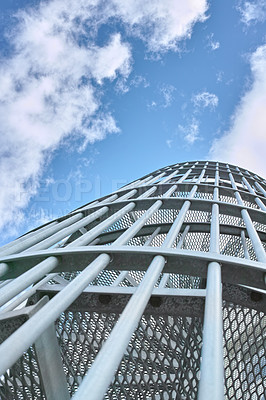 Buy stock photo Staircase, sky and clouds for building outdoor in summer for modern design and art for architecture. Spiral, tall and metal for urban and editorial for pattern on dome, landmark and feature in city  