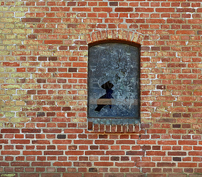Buy stock photo Old, broken window and exterior with brick wall of abandoned house, building or concrete frame. Historic outdoor texture of rubble, glass crack or damage from war, wreck or destruction in vandalism