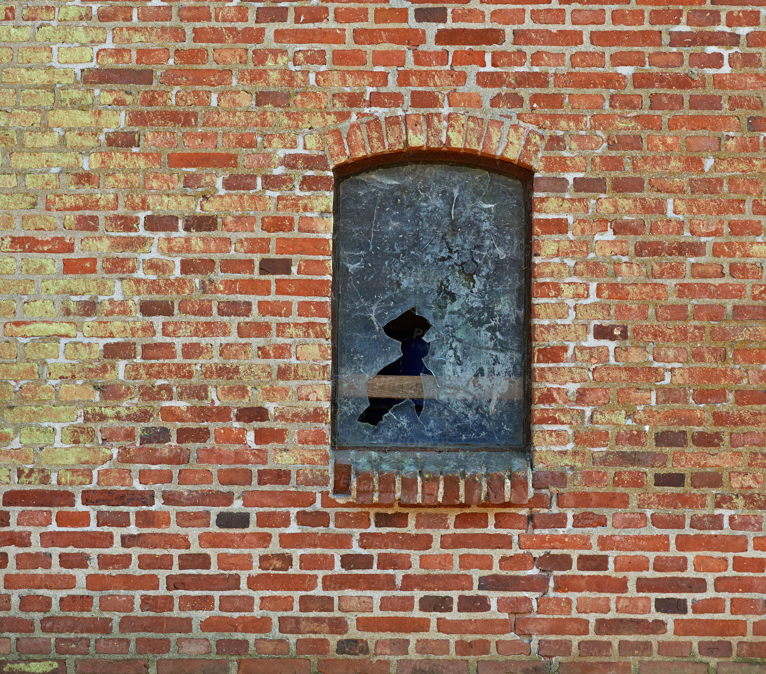 Buy stock photo Old, broken window and exterior with brick wall of abandoned house, building or concrete frame. Historic outdoor texture of rubble, glass crack or damage from war, wreck or destruction in vandalism