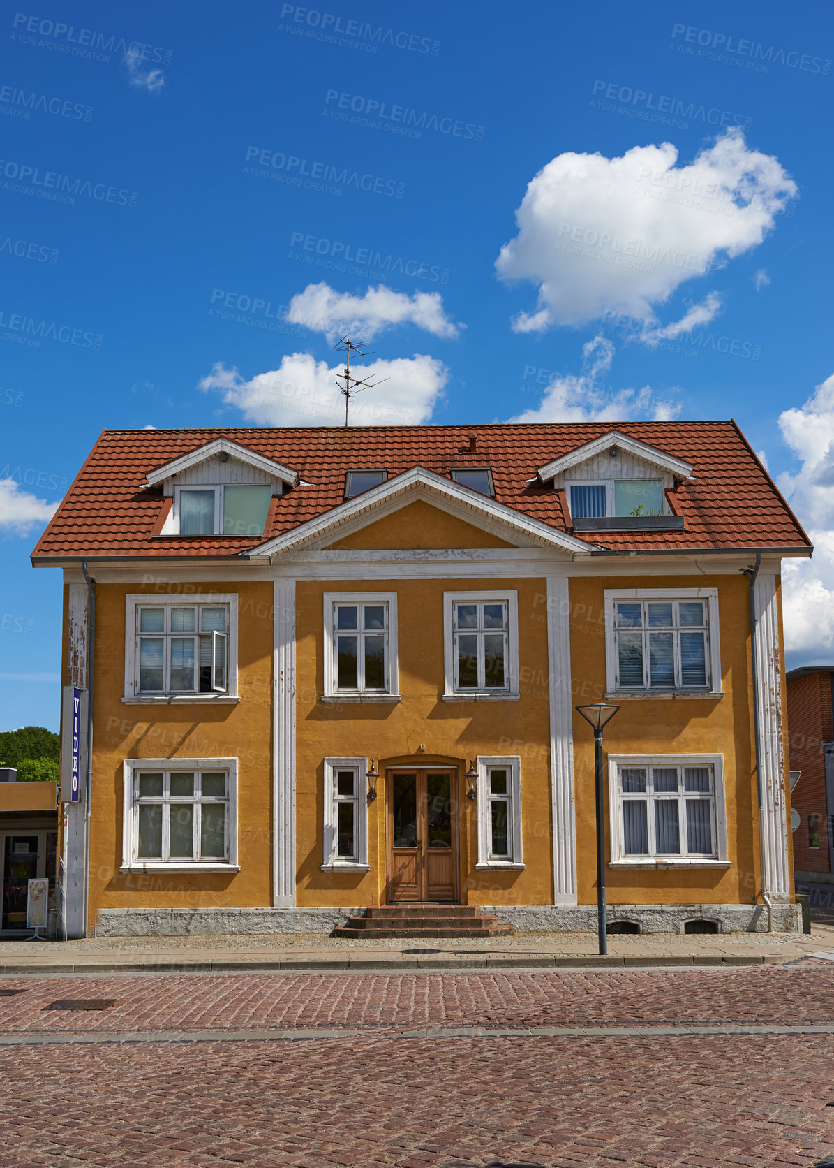 Buy stock photo Town, house and vintage architecture in street with traditional, classic and ancient design in Scotland. Village, home and quiet neighborhood or community to relax and rest as motel for holiday