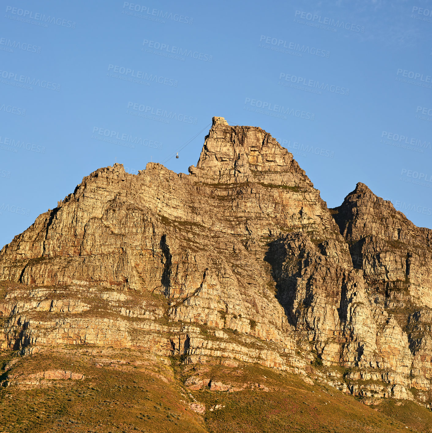 Buy stock photo Mountain, blue sky and scenery with natural landscape for travel location, outdoor adventure and environment. Nature, landmark and peace for explore, journey and holiday destination in Cape Town.